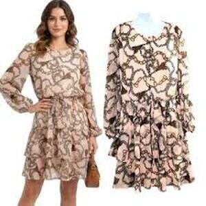 Alexia Admor Size 10 Ruffle Tiered Shift Dress Pink Chain Tassel Print Hourglass